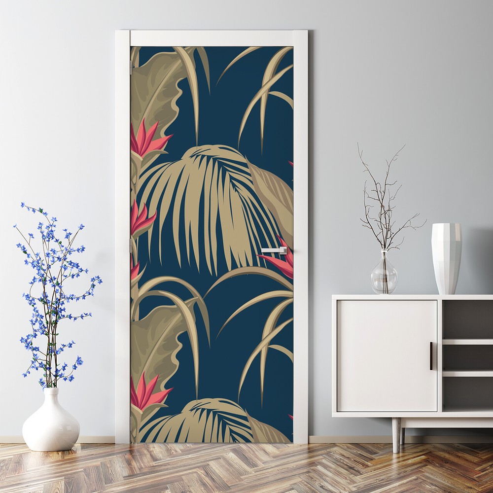 Bubble-free Sumatra Paradise door sticker with exotic tropical palms and floral leaves