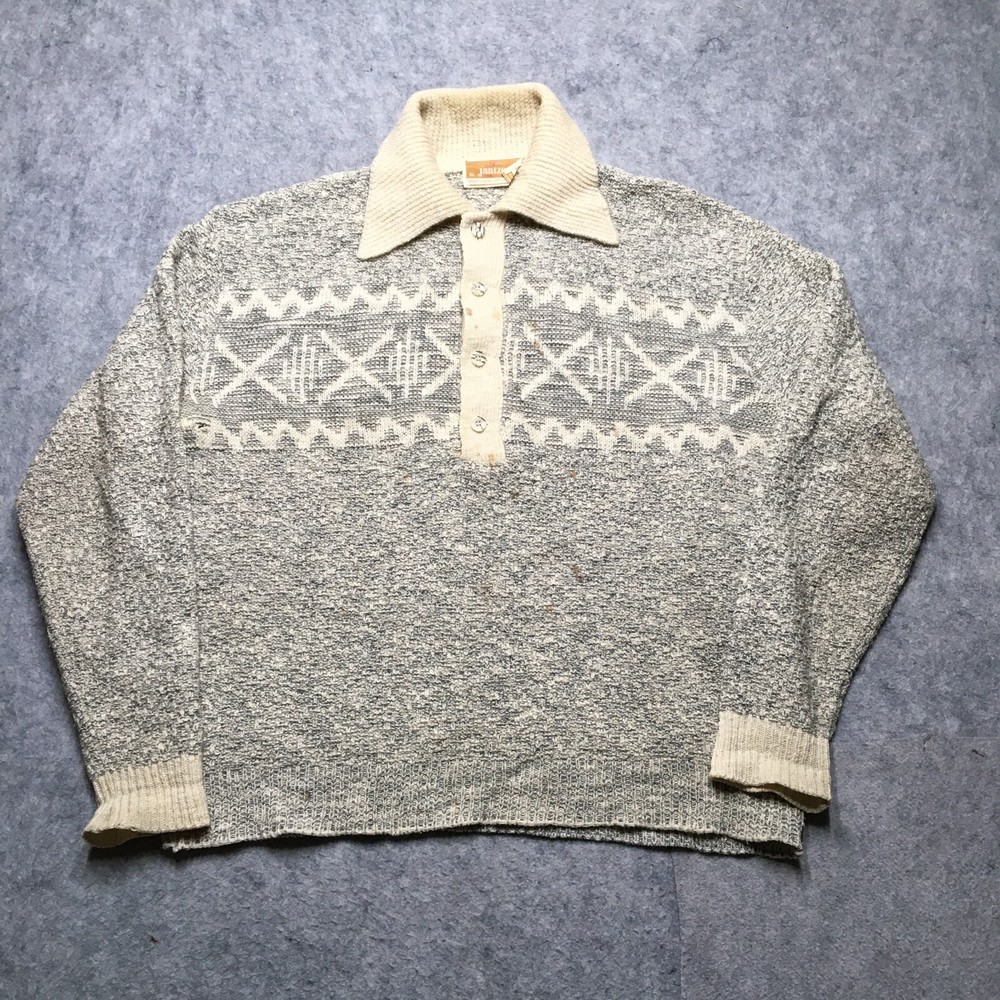 Vintage Jantzen 70s Sweater Mens XL White Gray Fair Isle Dagger Collar Pullover