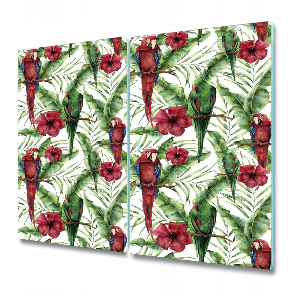 Glass Worktop Saver with Exotic Parrots and Tropical Leaves Watercolor Design