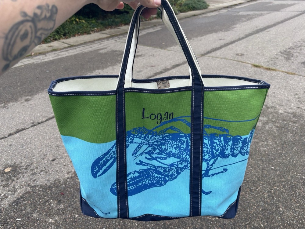 LL Bean Boat And Tote Lobster Lake Large Big Beach Green Blue Canvas Vintage Y2K