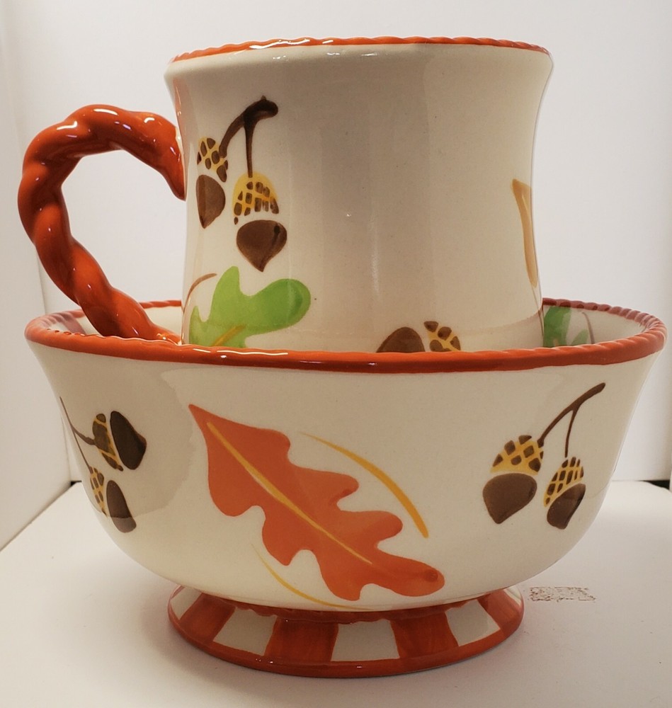 Temptations Old World Fall Leaf & Acorn 24 Oz Bowl & 16 Oz Footed Mug (2pc Set)