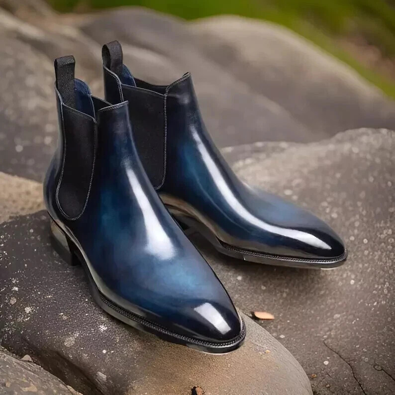 Handmade Deep Blue Patina Chelsea Boots Men Leather Dress Fashion Boots
