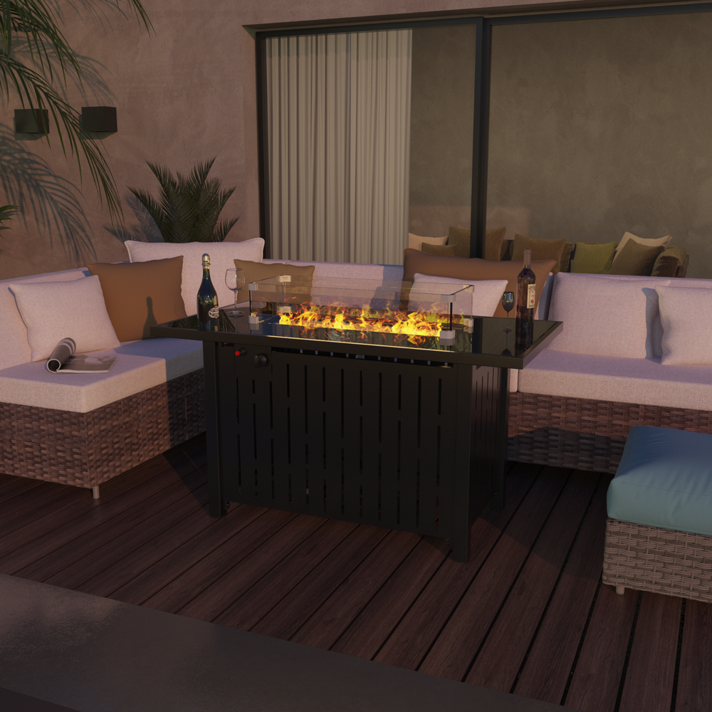 43 Inch Rectangle Propane Fire Pit Table, 50K BTU, with Glass Wind Guard