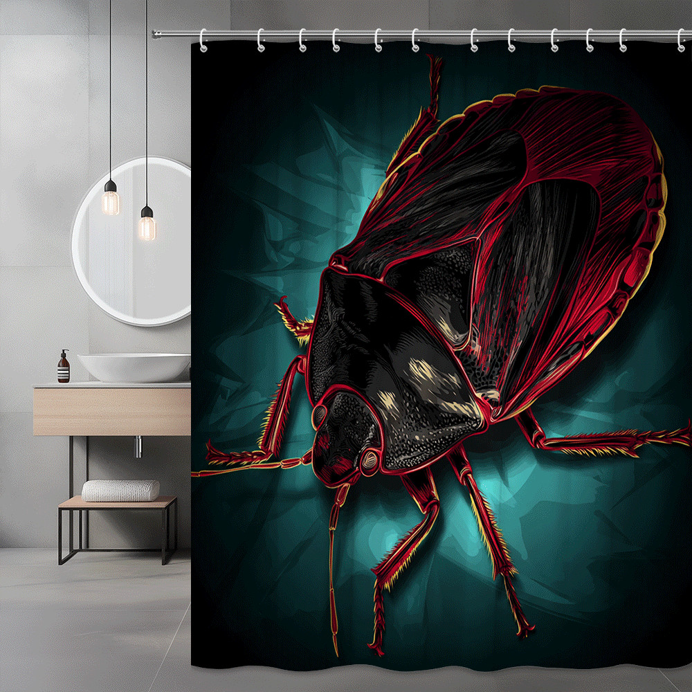 Black Red Beetle Shower Curtain Graphic Insect Print