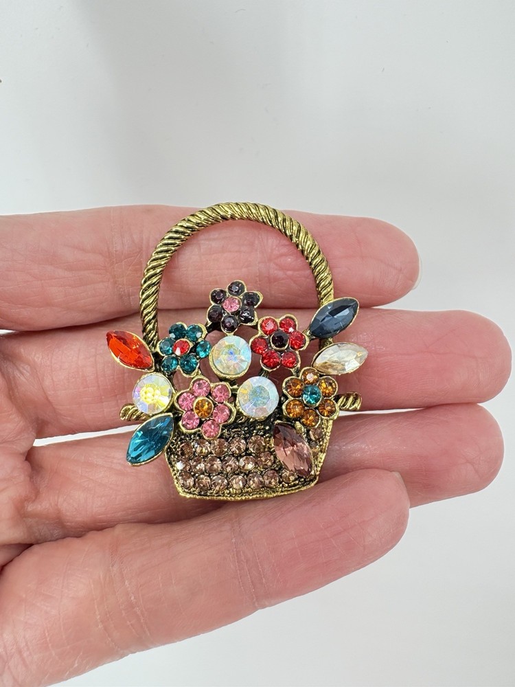 Vintage Flower Basket Brooch with Rhinestones Multicolored Gold Tone - B29