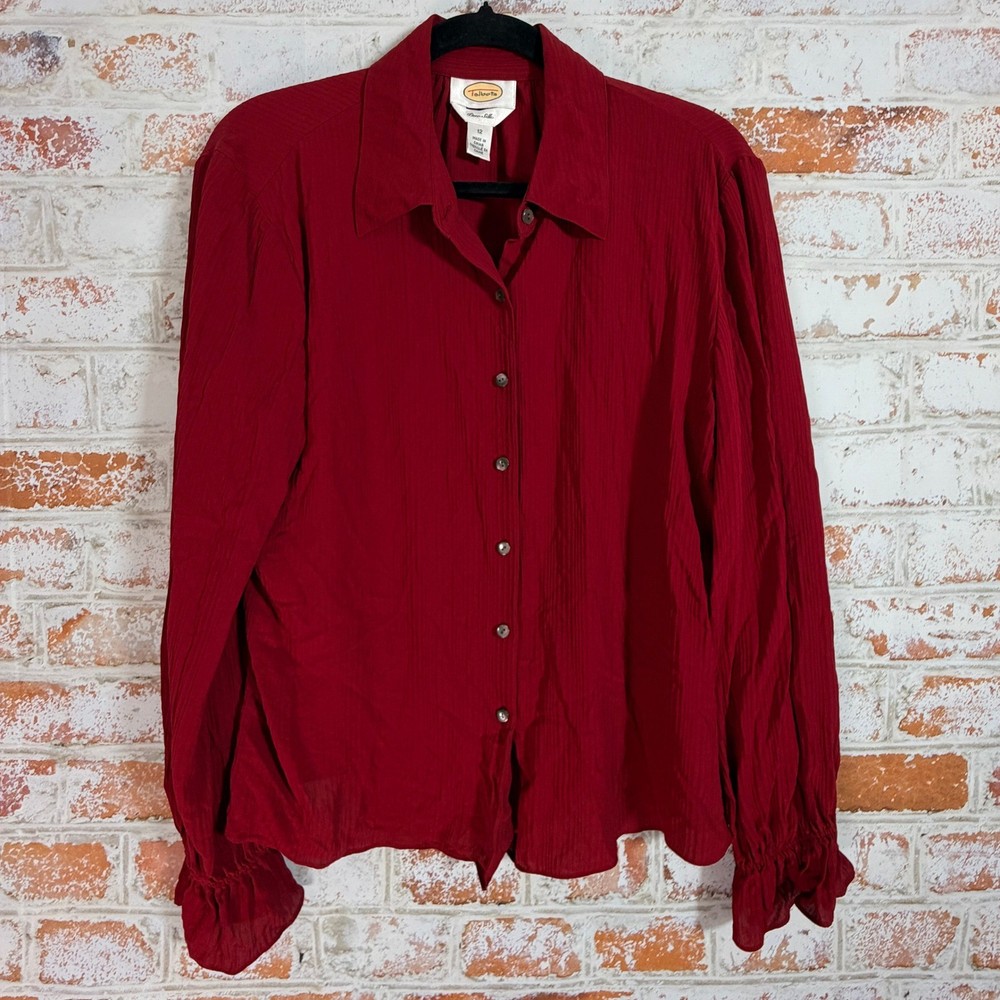 Talbots Silk Blouse Womens 12 Red vintage Ruffle Cuff Button Down