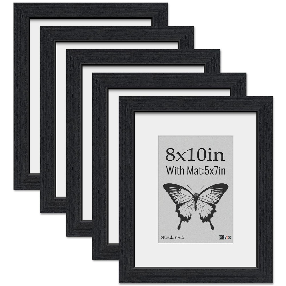 8x10 Picture Frame 5 Pack, Natural Wood Grain Black Oak & HD Glass, Display 5...