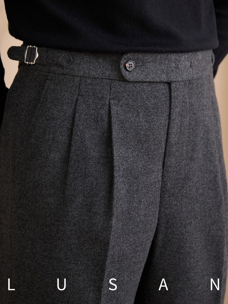 Italian Naples Style British Men Wool Blend Dress Pants Straight Business Casual