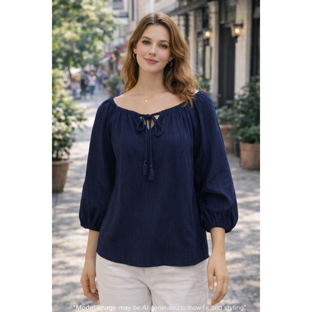 Lane Bryant Navy Blue Striped Seersucker Peasant Blouse Tassel Tie Top 14/16