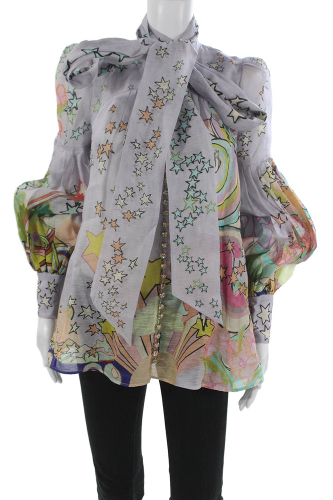 Zimmermann Women Tunic Multicolor Linen Geometric High Neck Long Sleeve Size 0Free Shipping in US $100+ Orders | $6.95 Orders Below