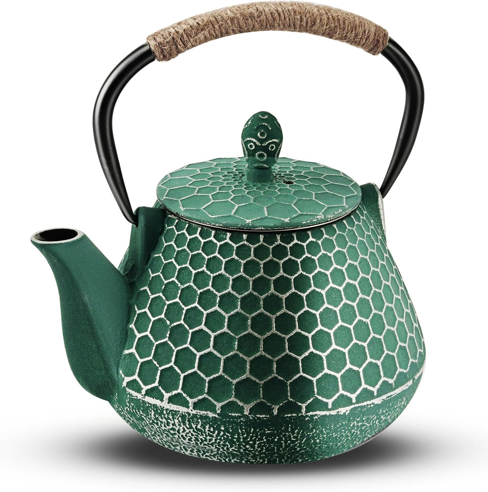 Cast Iron Tea Pot Honeycomb Pattern Tea Kettle with Tea Leaf Infuser Green