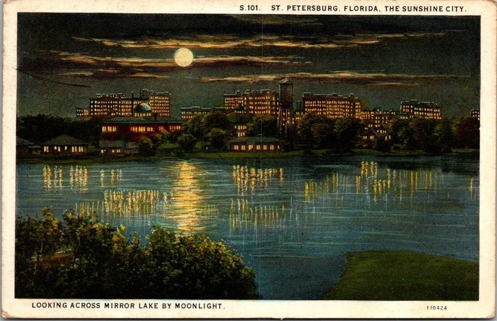 1930 St. Petersburg FL Mirror Lake Moonlight View Vintage Postcard
