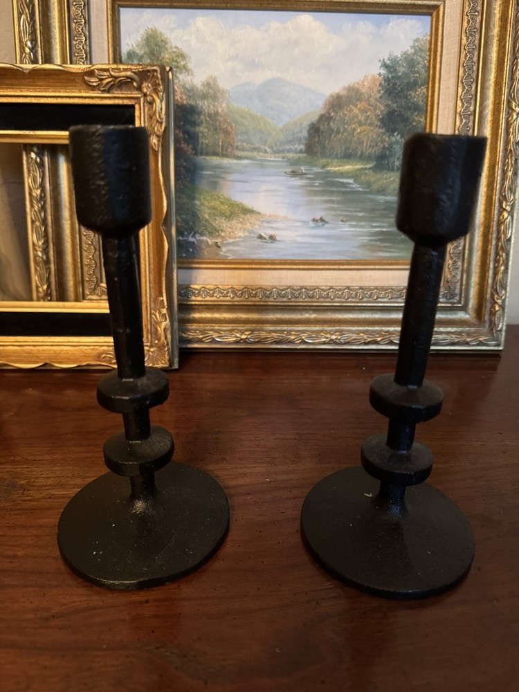 Pair Black Cast Iron Taper Candle Holders Brutalist Style Modernist 7