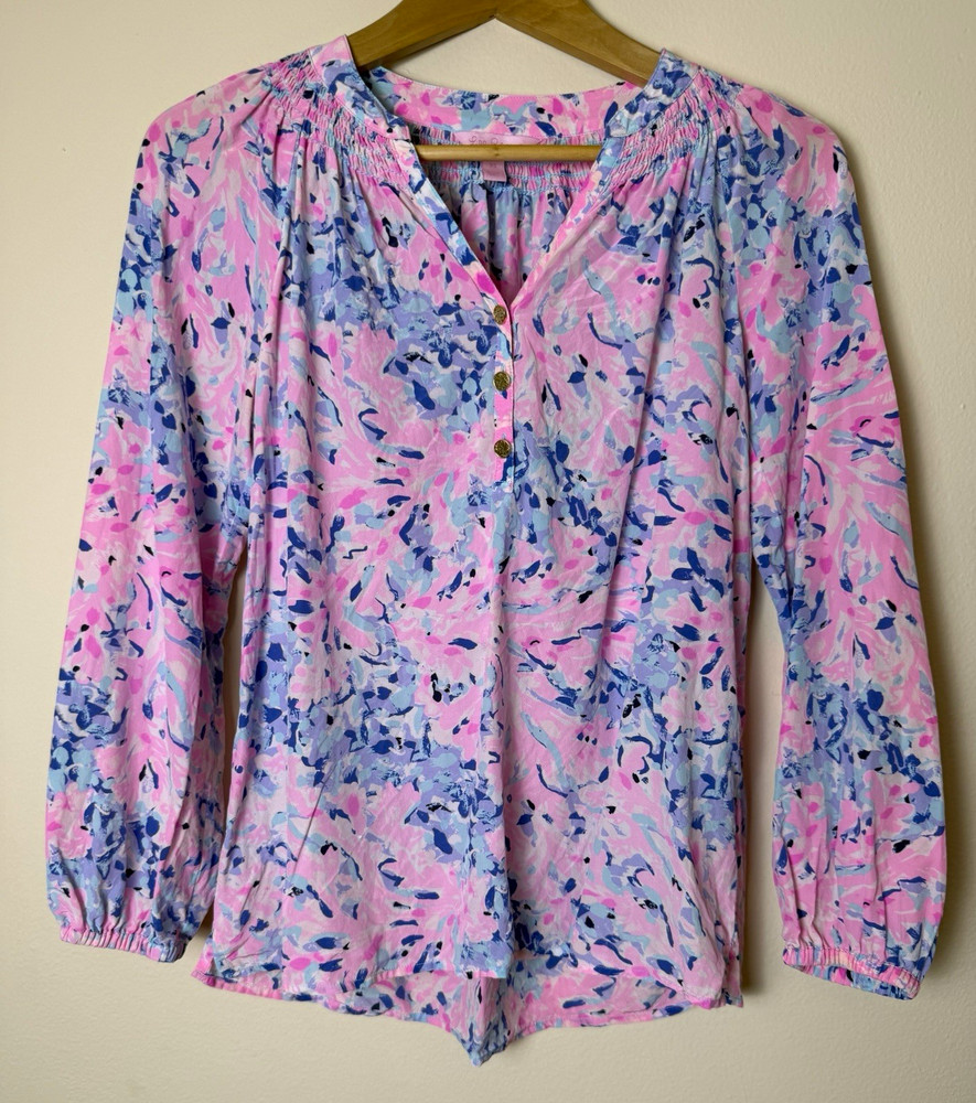 Lilly Pulitzer Silk Elsa Blouse Smocked Long Sleeve Pink Blue Tropical Floral XS