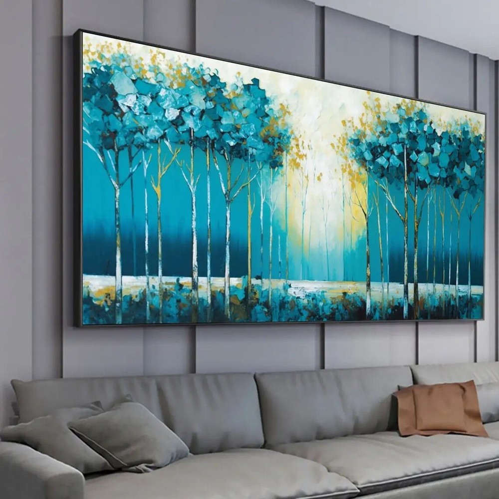 Forest Oil Painting On Canvas Abstract Blue Hand Painted Painting Boho Wall-image