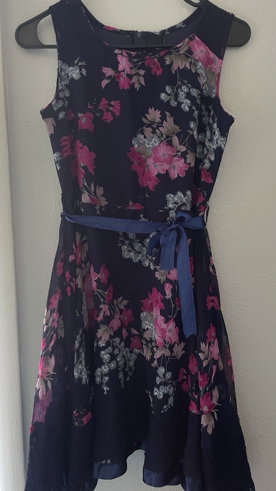 Floral Sleeveless Flowy Dress, Women's, Navy Blue with Pink Flowers