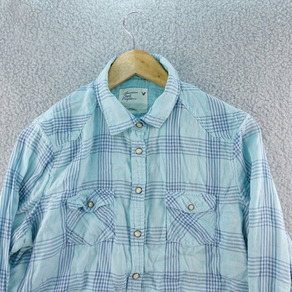 Vintage American Eagle Outfitters Women's 14 Plaid Long Sleeve Pearl Snap Shirt