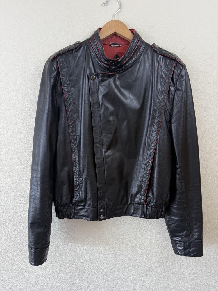 Vintage Scotty Grey Ltd Jacket Mens 38 Black Leather Motorcycle Red Lined 80s