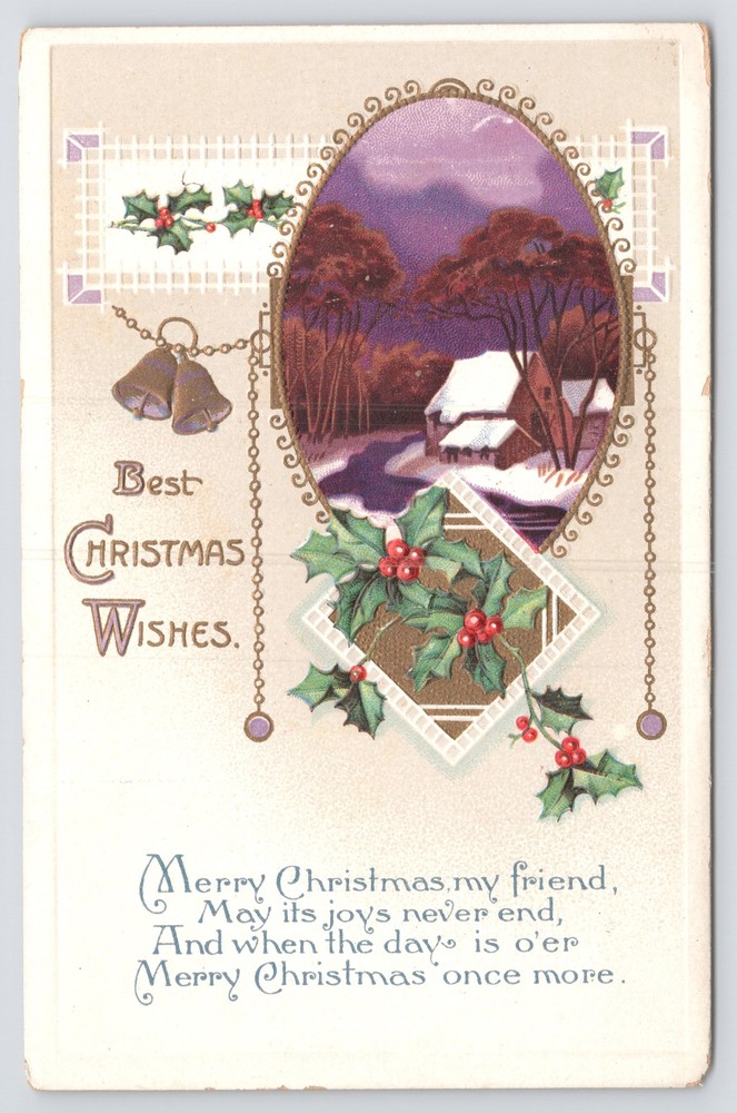 Holiday~Holly Home By River At Night Best Christmas Wishes~Vintage Postcard