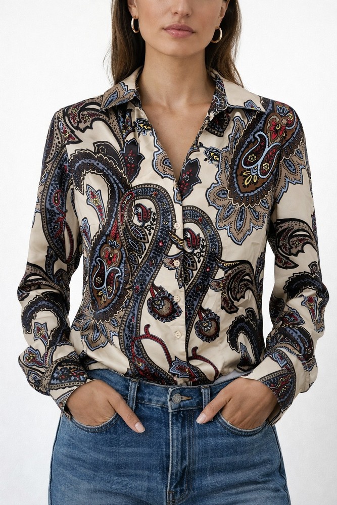 East 5th Paisley Button Front Blouse Size 6 Long Sleeve Silky Polyester Top