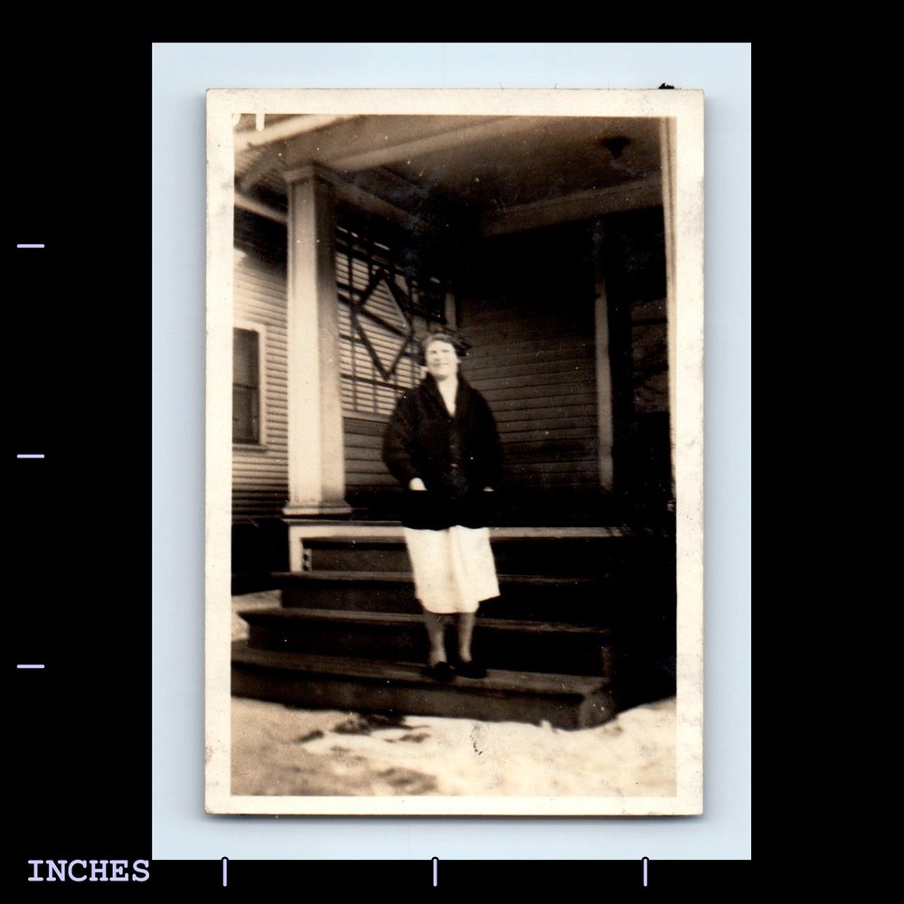 Old Vintage Photo WOMAN STANDING ON STEPS OUTSIDE HOUSE