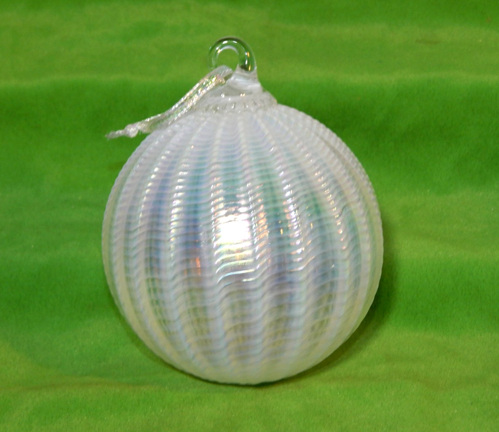 Art Glass Hand Blown White Ribbed Ball Ornament Iridescent Glass Eye Studio?