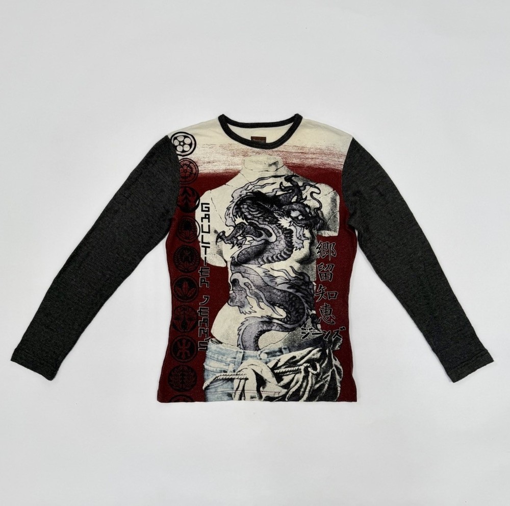 Jean Paul Gaultier 90s/Y2k Dragon Graphic Long Sleeve T Shirt Rare Size L Tag 40