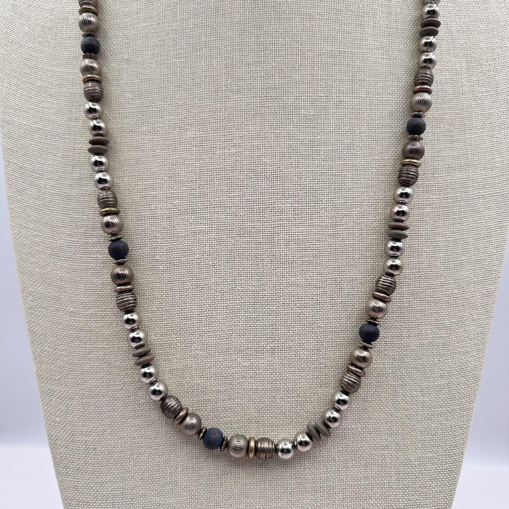 Vintage 70s Navajo Pearl Style Oxidized Silver Tone Bead Necklace Mixed Jewelry