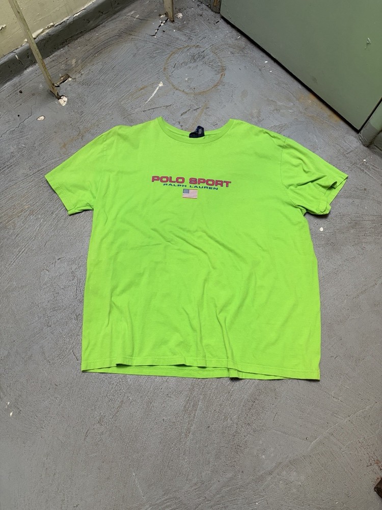 VTG 90s Ralph Lauren Polo Sport Flag Tee Green T-Shirt XL Volt Neon