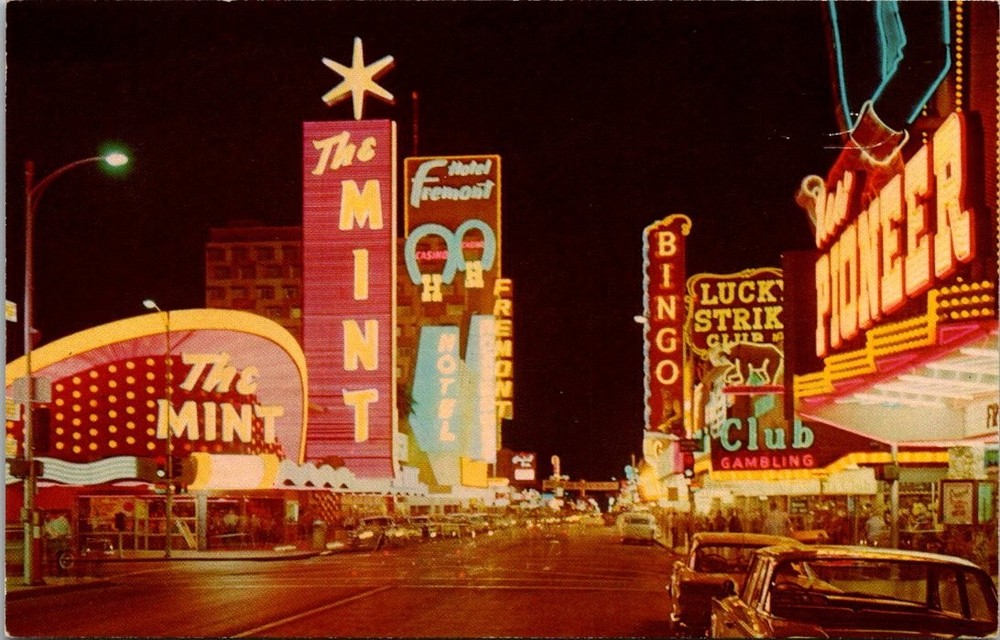 Vintage Las Vegas Fremont Street Night Neon The Mint Pioneer Curteichcolor