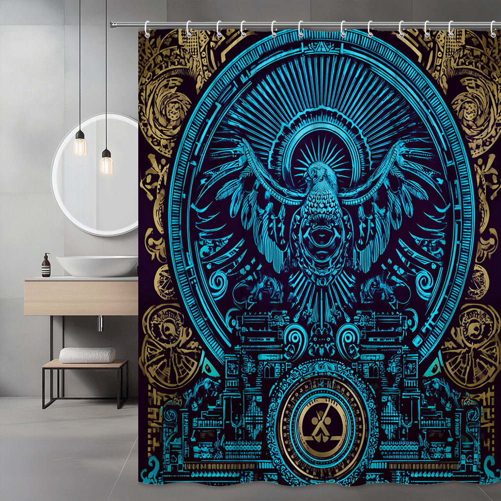 Egyptian Bird Graphic Shower Curtain, Blue Gold Boho Wall Art