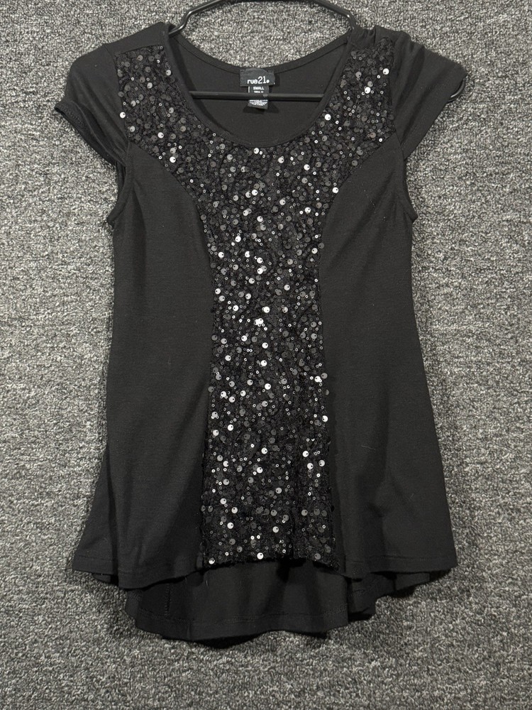 Rue 21 Girls Black Short Sleeve Sequin Shirt Size S
