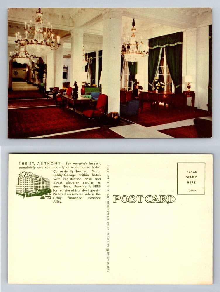 San Antonio, TX-Texas, St Anthony Hotel Peacock Alley Interior Vintage Postcard