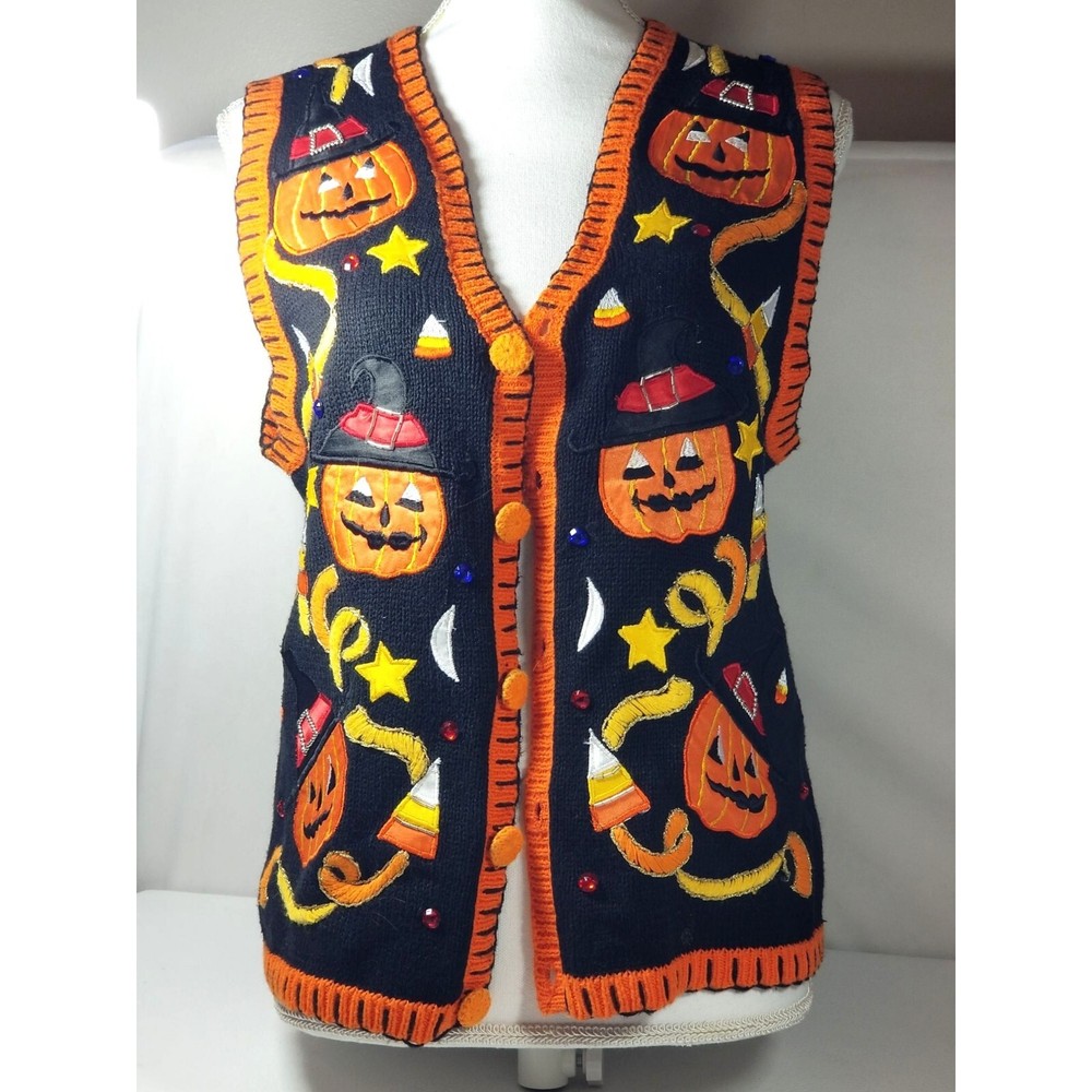 Basic Editions Halloween Cardigan V Neck Sweater Costume Pumpkins Size S Vintage
