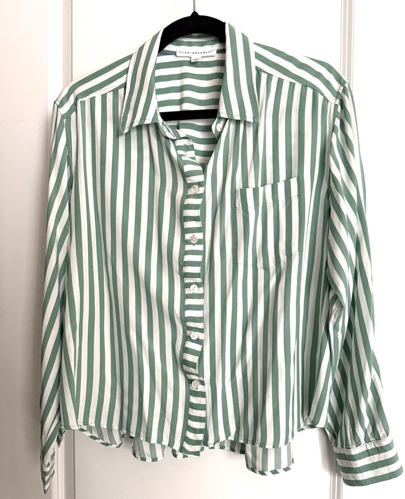 Jane & Delancey Women's Stripe Green/White Button Front Casual Blouse Size Large