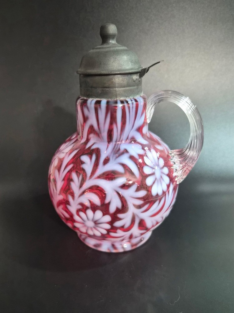 Fenton Cranberry Glass Daisy & Fern Opalescent Syrup Pitcher