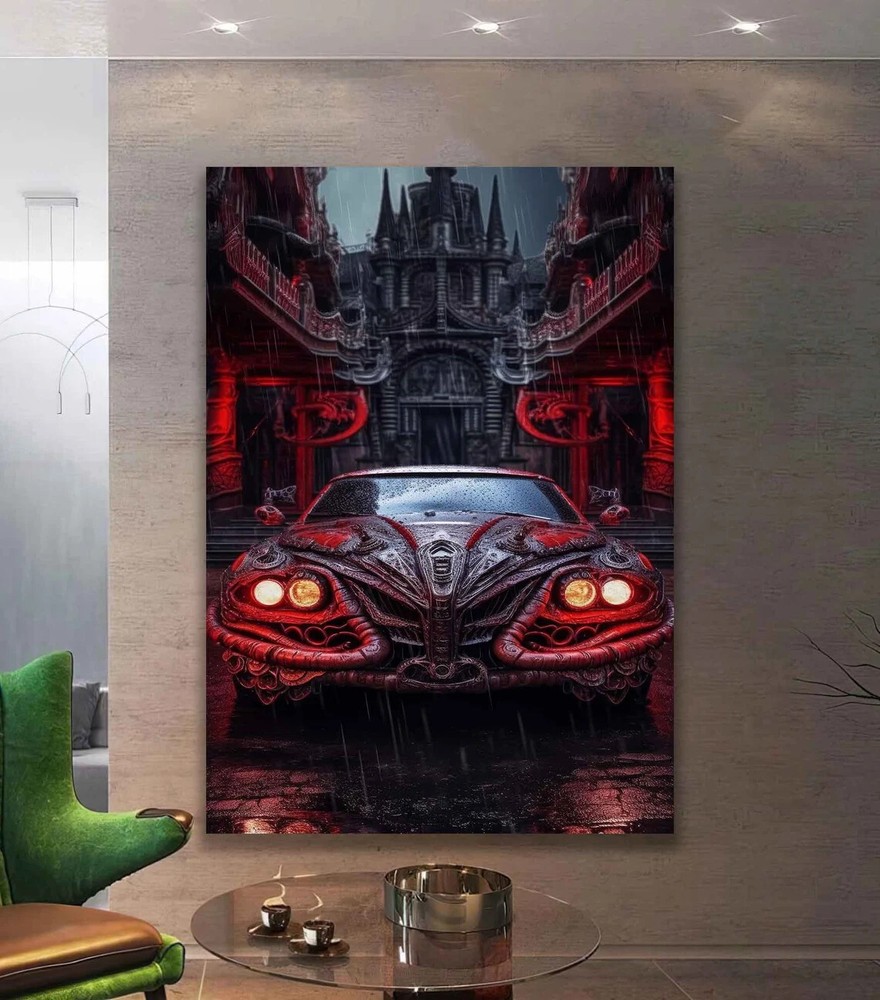 Surreal Abstract Vintage Red Car Art, Retro Wall Art Canvas Unframed Print Art