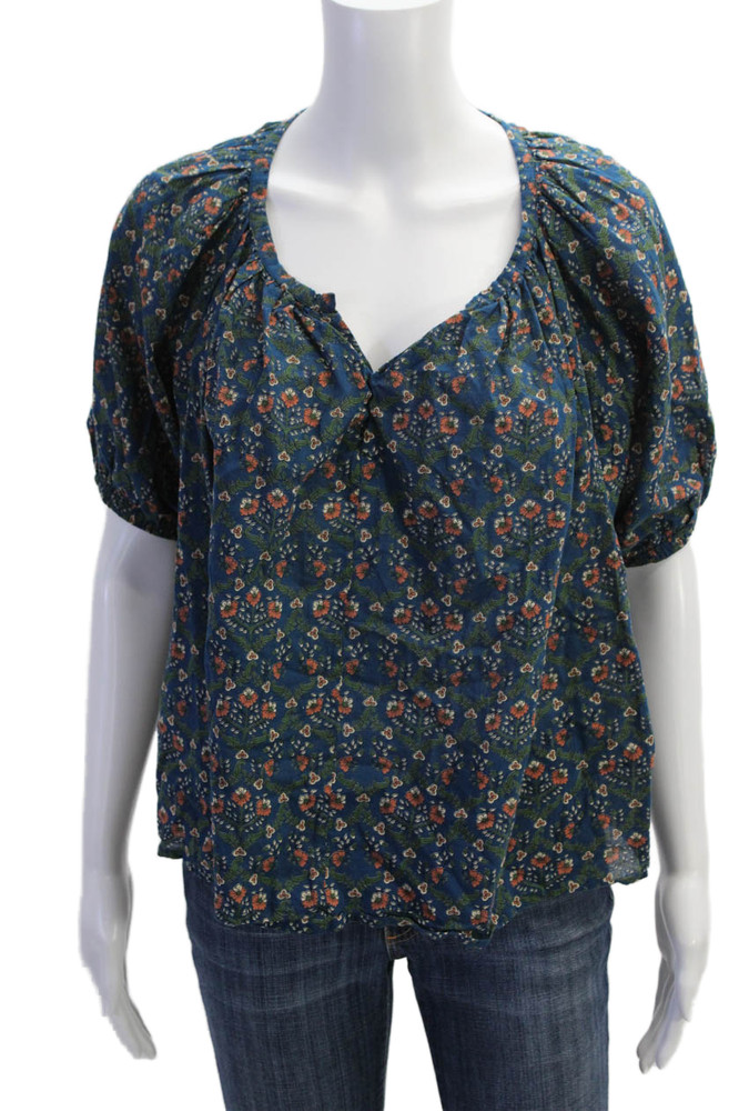 Roller Rabbit Womens Short Sleeve V Neck Floral Blouse Blue Multi Cotton SmallFree Shipping in US $100+ Orders | $6.95 Orders Below