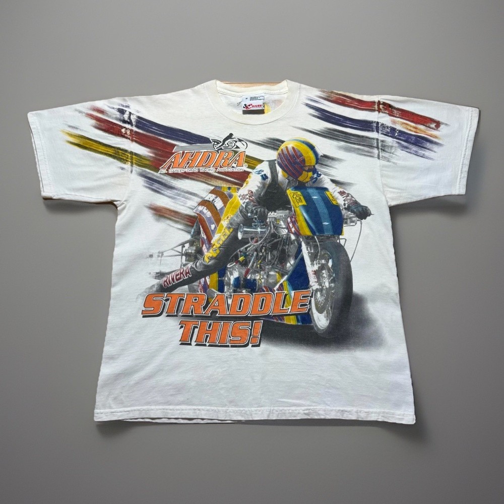 Vintage 90s AHDRA All Harley Drag Racing Association AOP Biker T-Shirt - Medium