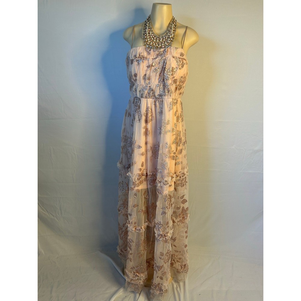 Trixxi Blush Pink Beaded Maxi Prom Dress Glitter Floral Juniors 13 Long 62”