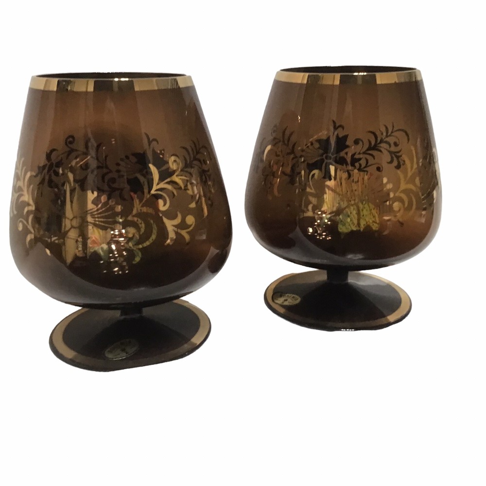 VTG Dark Amber Brandy Snifters Czech Cognac Gold Trim Floral Hand Made Bohemia