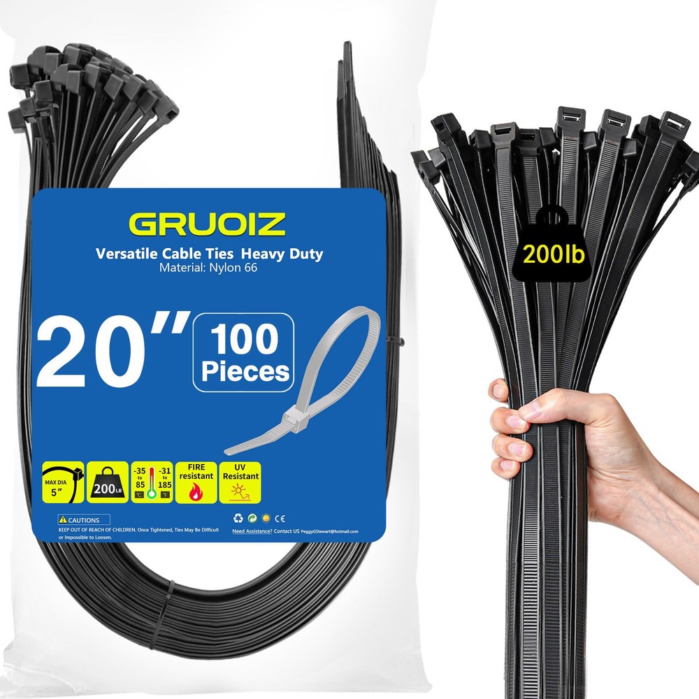 20 Inch Heavy Duty Black Zip Ties 100-Pack 200lb Tensile Strength