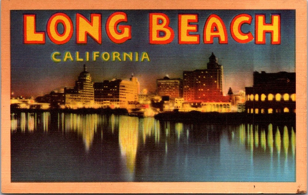 Long Beach California Vintage Postcard City Skyline Night Scene