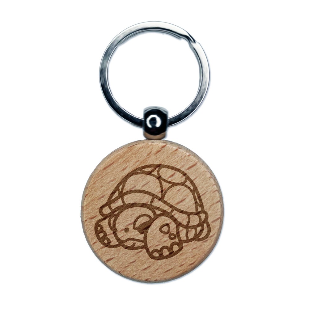 Shy Turtle Hiding in Shell Engraved Wood Round Keychain Tag Charm