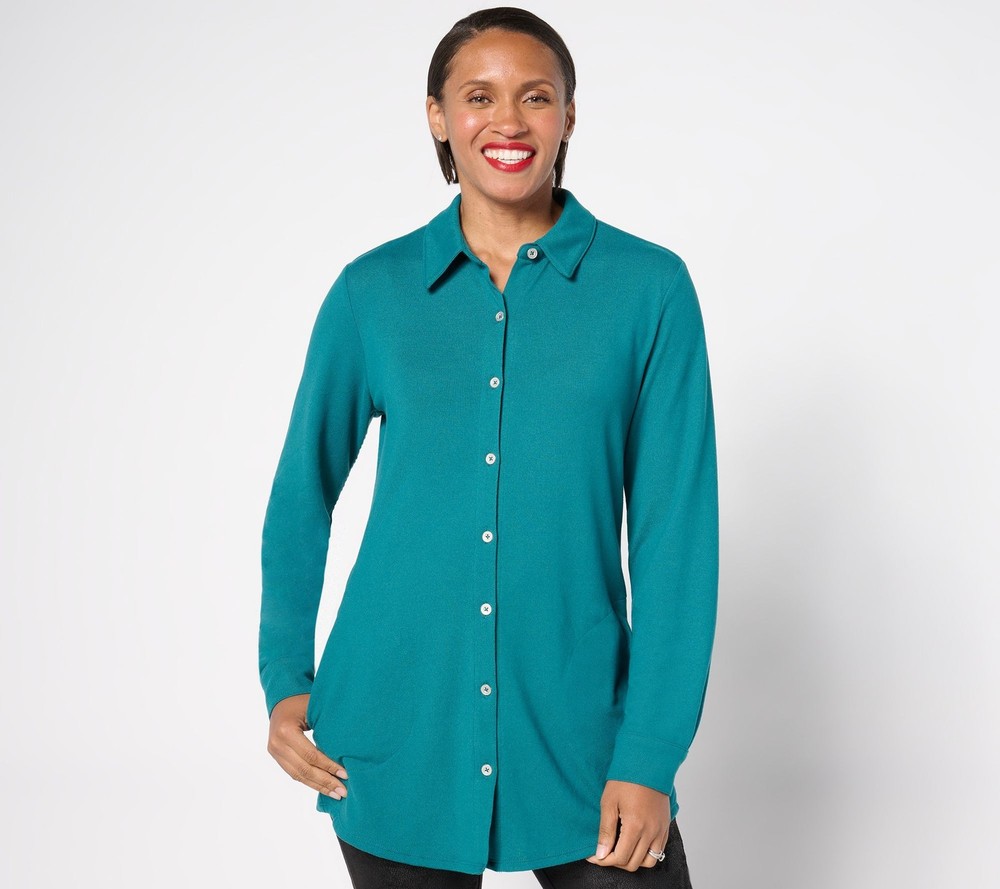 Denim & Co. Women's Top Plus Sz 1X Heavenly Jersey Button Front Green A670698