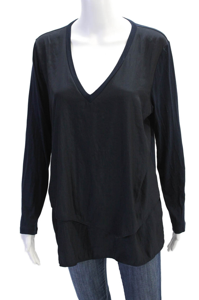 Lola & Sophie Womens V-Neck Long Sleeve Pullover Blouse Top Navy Size LFree Shipping in US $100+ Orders | $6.95 Orders Below