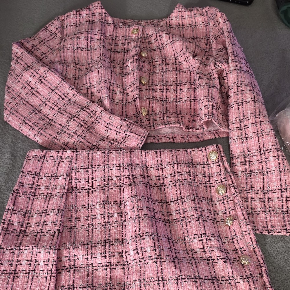 SheIn Pink Black Tweed Plaid Jacket and Skirt Set, Button Accents, Size L