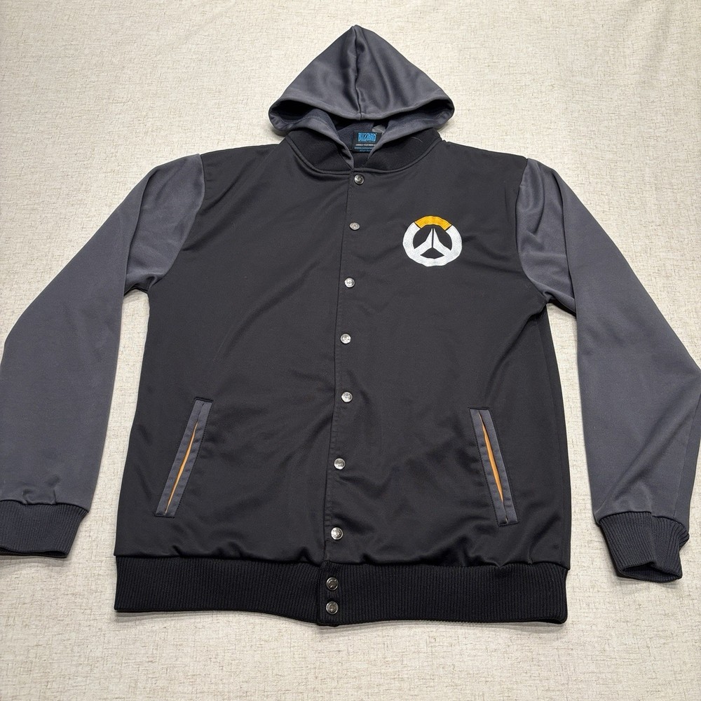Overwatch Blizzard Button-up Hoodie Varsity Jacket Black Gray XL Embroidered