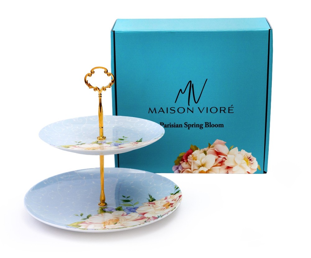 Maison Viore Parisian Spring Bloom 2 Tier Serving Tray Blue