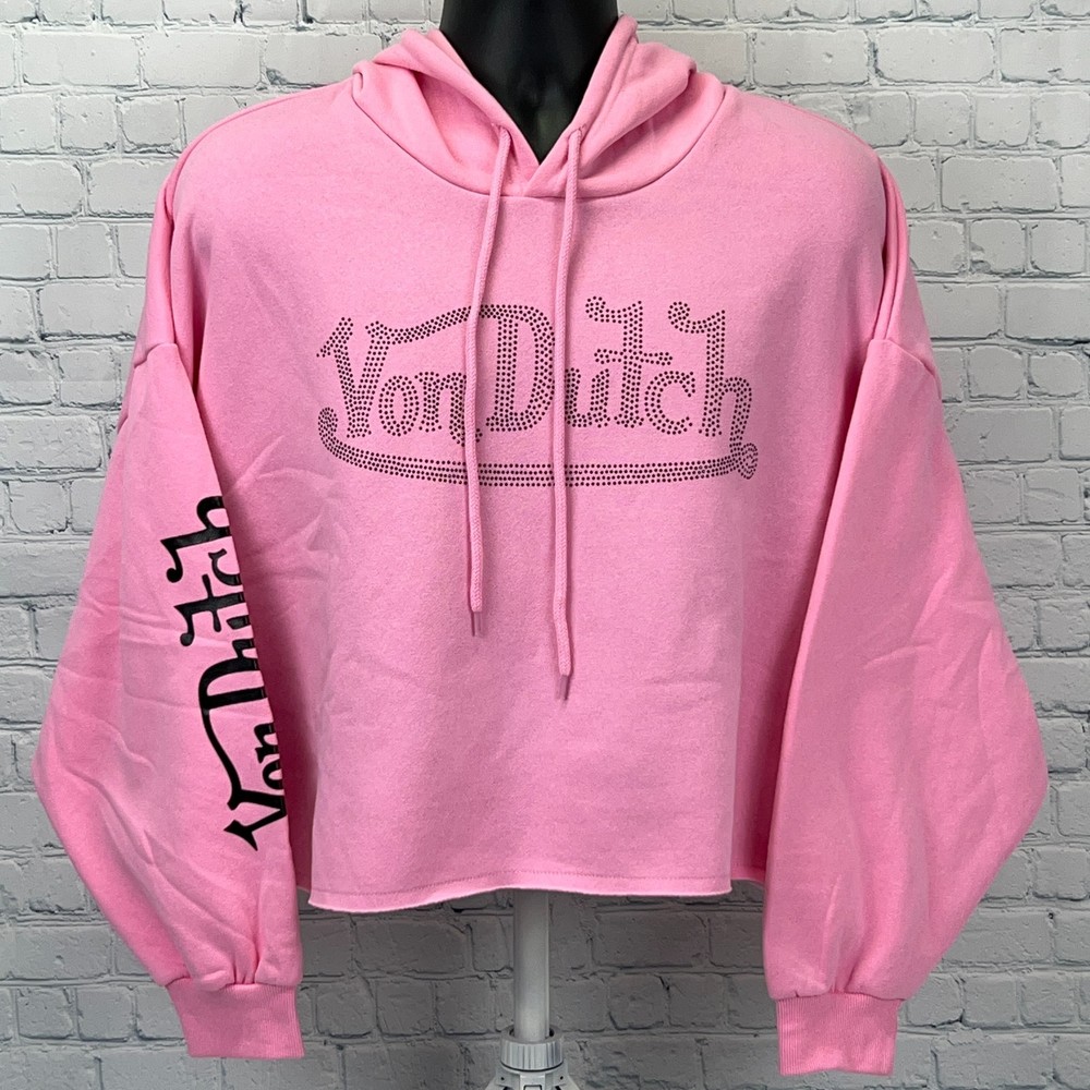 Von Dutch Logo Cropped Hoodie Hooded Sweatshirt Pink Oversized Womens XL X-Large
